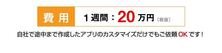 費用：1週間20万円(税抜)/自社で途中まで作成したアプリのカスタマイズだけも可能です！