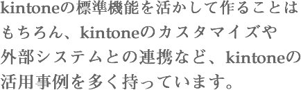 kintoneの標準機能を活かして作ることはもちろん、kintoneのカスタマイズや外部システムとの連携など、kintoneの活用事例を多く持っています。